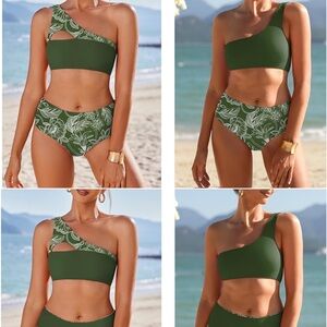 Elegant Olive Green One-Shoulder Bikini Set